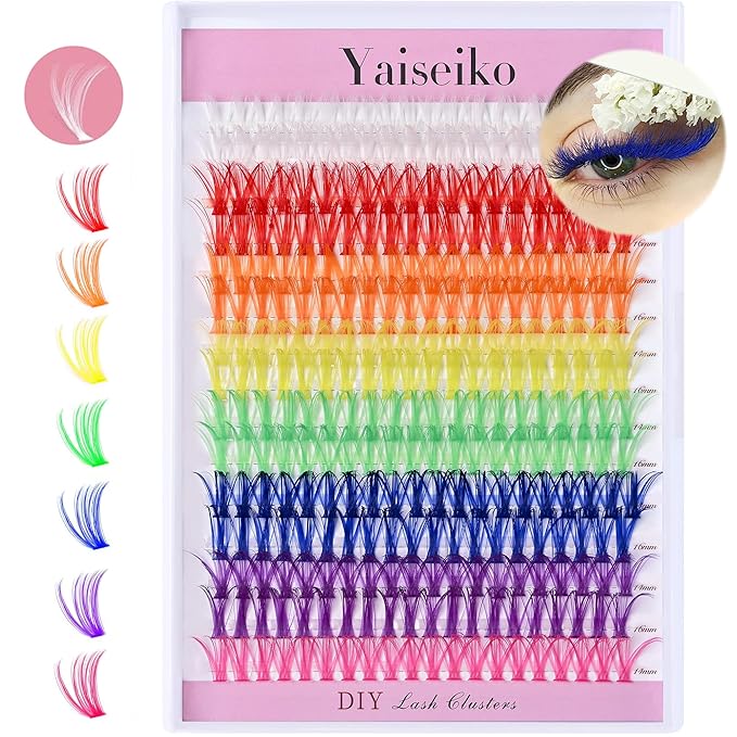 Colored Lash Clusters 300Pcs Individual Lashes D Curl 14mm/16mm Mixed 8 Colors Rainbow DIY Eyelash Extension Colorful Cluster Lashes with White Eyelash Clusters Pack