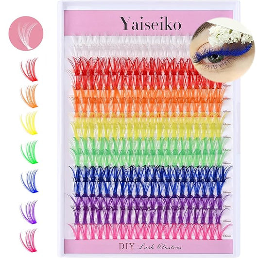 Colored Lash Clusters 300Pcs Individual Lashes D Curl 14mm/16mm Mixed 8 Colors Rainbow DIY Eyelash Extension Colorful Cluster Lashes with White Eyelash Clusters Pack