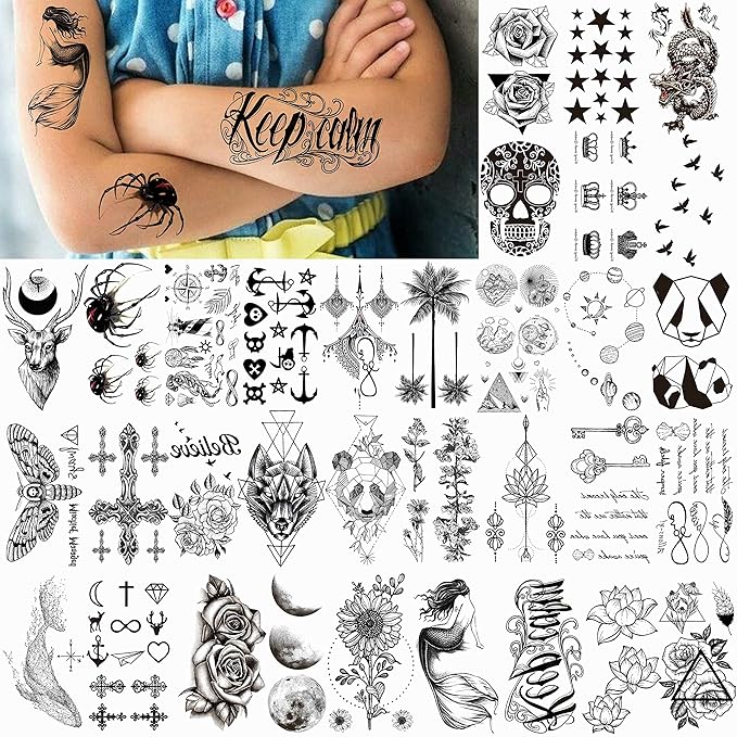 66 Sheets 3D Small Black Temporary Tattoos For Women Men Waterproof Fake Tattoo Stickers For Face Neck Arm Children Flower Birds Star Realistic Tatoo Kits For Boy Girls Adults