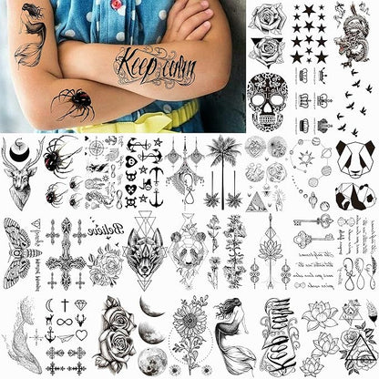 66 Sheets 3D Small Black Temporary Tattoos For Women Men Waterproof Fake Tattoo Stickers For Face Neck Arm Children Flower Birds Star Realistic Tatoo Kits For Boy Girls Adults