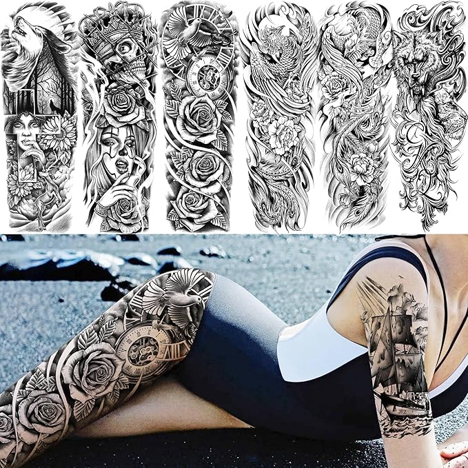 20 Sheets Sexy Phoenix Full Arm Temporary Tattoos For Men Adults, Wolf Skull King Dove Peace Rose Flower Fake Tattoo Sleeve For Women, 3D Black Maori Cross Wolf Halloween Sleeve Tattoo Stickers Coyote