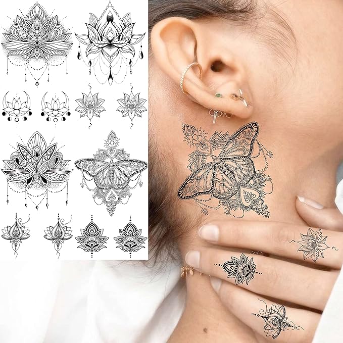 15 Sheets Sexy Black Lotus Temporary Tattoos For Women Wedding Brides, Tribal Fake Jewelry Pendant Lace Moon Moth Flowers Temp Tattoos Temporary Sticker For Girls Arm Neck Hands Tatoos Jewels