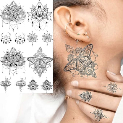 15 Sheets Sexy Black Lotus Temporary Tattoos For Women Wedding Brides, Tribal Fake Jewelry Pendant Lace Moon Moth Flowers Temp Tattoos Temporary Sticker For Girls Arm Neck Hands Tatoos Jewels