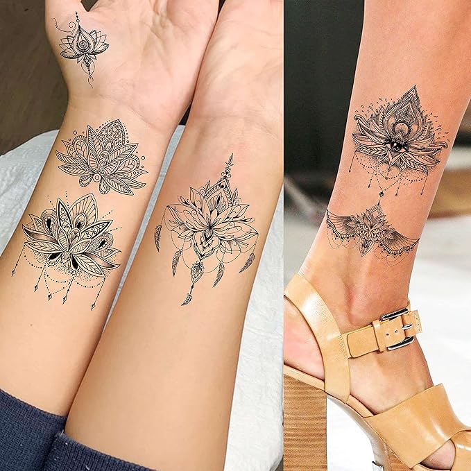 15 Sheets Sexy Black Lotus Temporary Tattoos For Women Wedding Brides, Tribal Fake Jewelry Pendant Lace Moon Moth Flowers Temp Tattoos Temporary Sticker For Girls Arm Neck Hands Tatoos Jewels