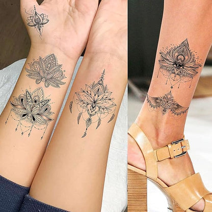 15 Sheets Sexy Black Lotus Temporary Tattoos For Women Wedding Brides, Tribal Fake Jewelry Pendant Lace Moon Moth Flowers Temp Tattoos Temporary Sticker For Girls Arm Neck Hands Tatoos Jewels