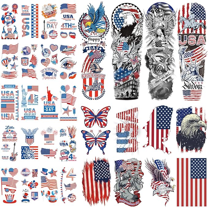 Independence Day Temporary Tattoo,4th of July Sleeve Tattoo, American Flag Fake Tattoos,Red White and Blue Party Supplies,USA Flag, Memorial Day, Labor Day