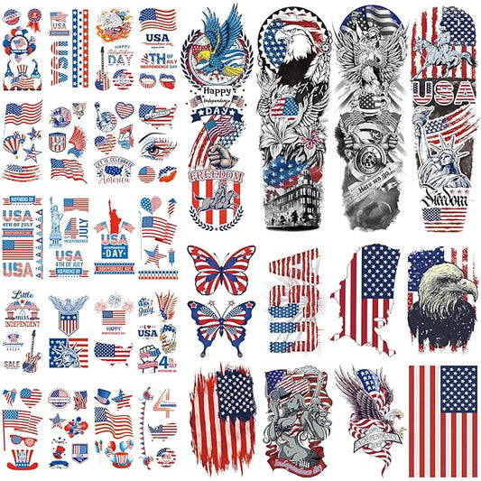 Independence Day Temporary Tattoo,4th of July Sleeve Tattoo, American Flag Fake Tattoos,Red White and Blue Party Supplies,USA Flag, Memorial Day, Labor Day