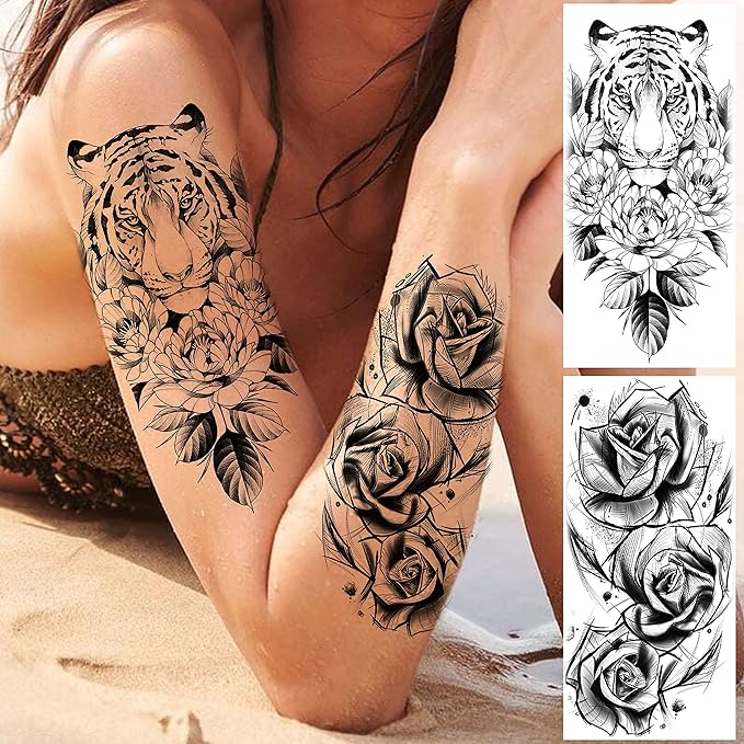 69 Sheets Realistic Peony Rose Flower Temporary Tattoos For Women Girls Arm Thigh, Owl Tiger Floral Waterproof Long Lasting Temp Fake Tattoos For Women, Small Black Tattoo Stickers Kids Finger