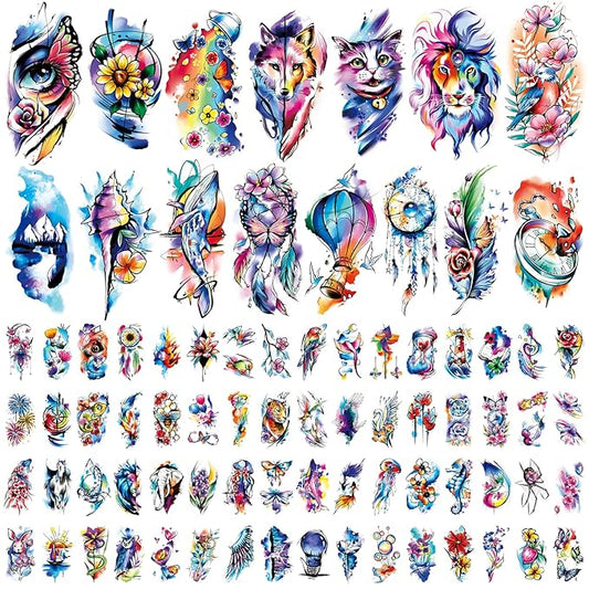 Cerlaza 79 Sheets Temporart Tattoos Realistic for Adult Kids, Colorful Fake Tattoos Waterproof With Lion Cat Rabit Butterfly, Long Lasting Temp Tattoo Stickers for Women Girls