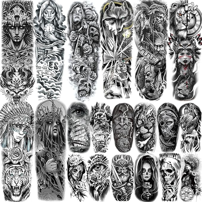 20 Sheets Gothic Nun Girl Prayer Full Arm Sleeve Temporary Tattoos For Men Women Thigh, Zeus God Indian Chicano Gangster Wolf FLower Fake Tattoo Sleeve For Adults, Halloween Black Tattoo Sticker Skull