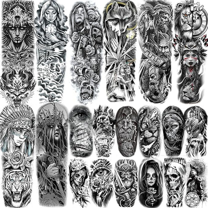 20 Sheets Gothic Nun Girl Prayer Full Arm Sleeve Temporary Tattoos For Men Women Thigh, Zeus God Indian Chicano Gangster Wolf FLower Fake Tattoo Sleeve For Adults, Halloween Black Tattoo Sticker Skull