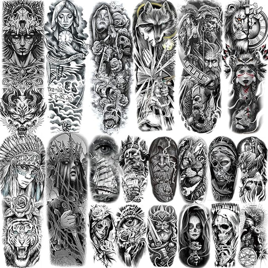 20 Sheets Gothic Nun Girl Prayer Full Arm Sleeve Temporary Tattoos For Men Women Thigh, Zeus God Indian Chicano Gangster Wolf FLower Fake Tattoo Sleeve For Adults, Halloween Black Tattoo Sticker Skull