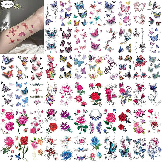 60 Sheets Waterproof Flower 3D Butterfly Fake Temporary Tattoo Sticker for Girl Lady Women