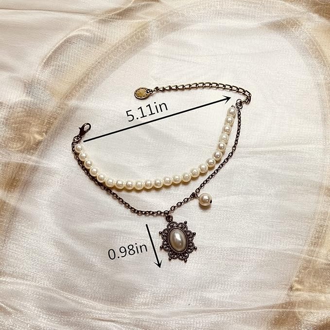 Gothic Pearl Lace Steampunk Wristband Vintage Pearl Pendant Tassel Lace Hand Chain with Finger Ring Lolita Lace Hand Accessories for Women and Girls (Style 7)