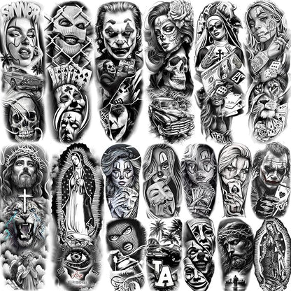 18 Sheets Chicano Full Arm Temporary Tattoos For Men Women Thigh, Chicana Guadalupe Joker Gangster Nun Girl Fake Sleeve Tattoos For Adults, Temp Bulk Jesus Christ Prison Black Halloween Tattoo Sticker