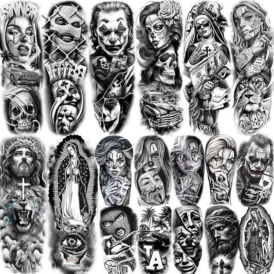 18 Sheets Chicano Full Arm Temporary Tattoos For Men Women Thigh, Chicana Guadalupe Joker Gangster Nun Girl Fake Sleeve Tattoos For Adults, Temp Bulk Jesus Christ Prison Black Halloween Tattoo Sticker