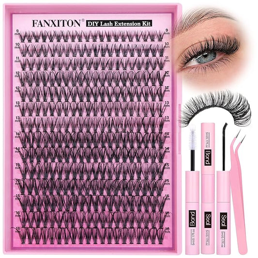 FANXITON DIY Lash Extension Kit 30D D Individual Lashes Lash Clusters Kit Cluster Lashes Lash Bond and Seal and Lash Tweezers for Lash Clusters Kit DIY at Home