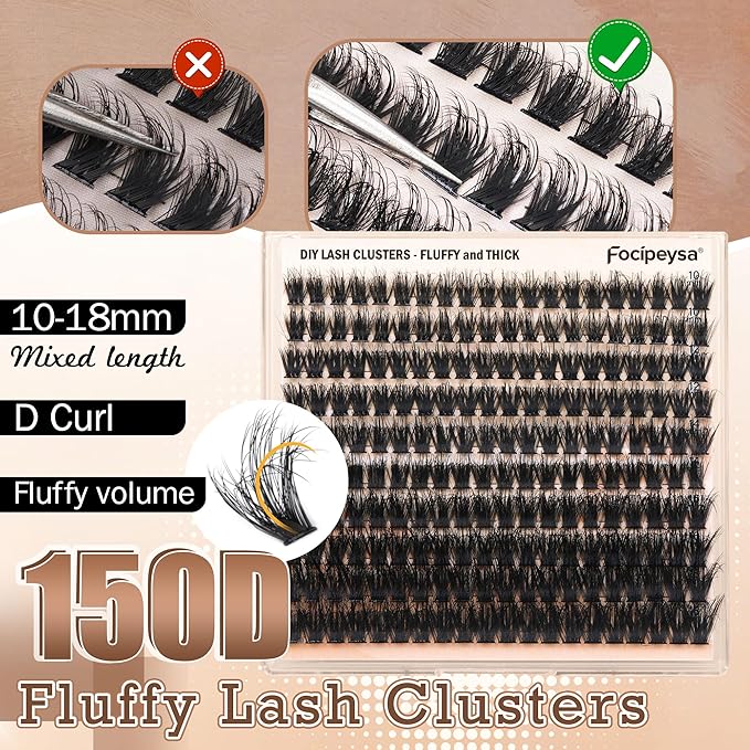 Focipeysa Full Volume Lash Extension Kit 200Pcs Lash Clusters Kit with Lash Bond and Seal and Lash Tweezers Lash Clusters DIY Eyelash Extensions Kit at Home (150D 10-18mm D Curly)