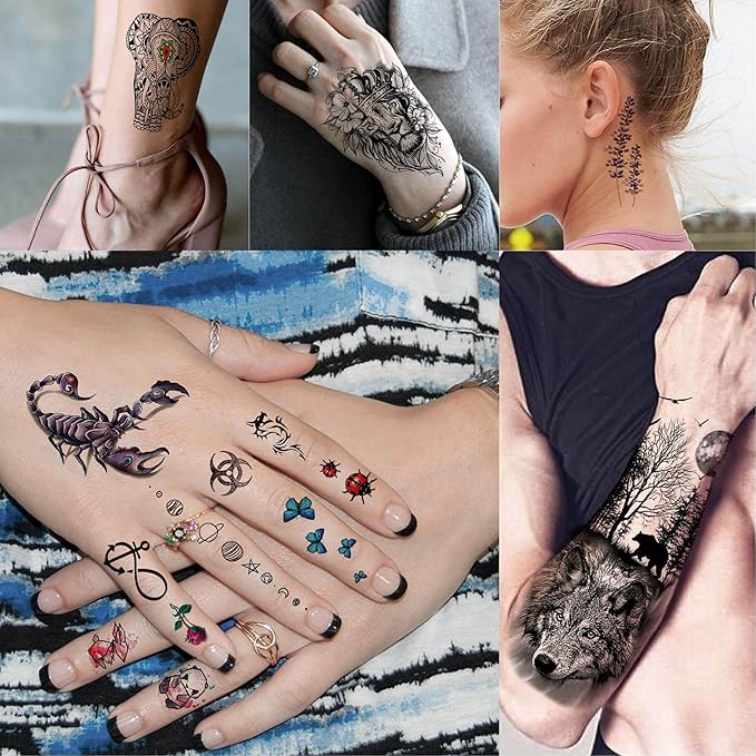 54 Sheets Large Watercolor Lion Owl Temporary Tattoos For Women Arm Adults Thigh, 3D Long Lasting Temp Tattoo Sticker For Men Chest Shoulder, Wolf Tiger Bulk Fake Tatoos Kit Set Rose Butterfly