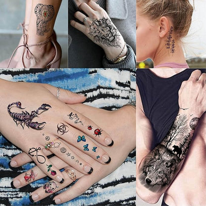 54 Sheets Large Watercolor Lion Owl Temporary Tattoos For Women Arm Adults Thigh, 3D Long Lasting Temp Tattoo Sticker For Men Chest Shoulder, Wolf Tiger Bulk Fake Tatoos Kit Set Rose Butterfly