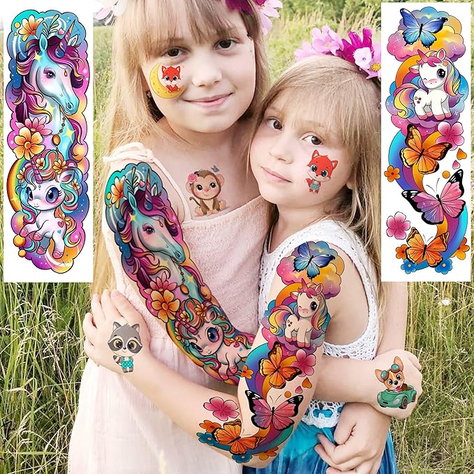 58 PCS Cartoon Unicorn Mermaid Temporary Tattoo For Kids Girls Boys, Full Arm Animals Dinosaur Car Space Monster Truck Butterfly Body Face Fake Arm Tattoos Stickers Birthday Gifts Party Supplies