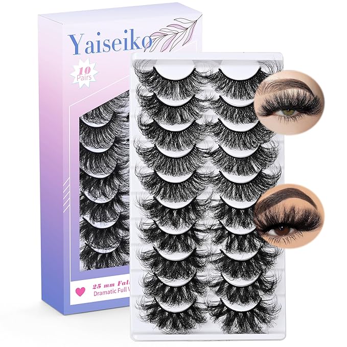 25 mm Lashes Long Dramatic Lashes Wispy D Curl 25mm Lashes Full Volume False Strip Lashes Thick Fluffy Long Fake Mink Eyelashes（2 Styles）