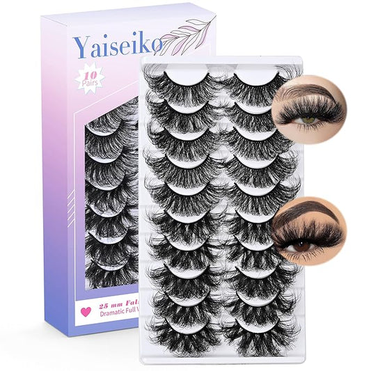 25 mm Lashes Long Dramatic Lashes Wispy D Curl 25mm Lashes Full Volume False Strip Lashes Thick Fluffy Long Fake Mink Eyelashes（2 Styles）