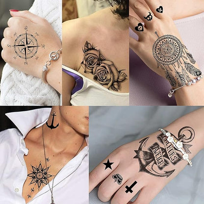 66 Sheets 3D Small Black Temporary Tattoos For Women Men Waterproof Fake Tattoo Stickers For Face Neck Arm Children Flower Birds Star Realistic Tatoo Kits For Boy Girls Adults