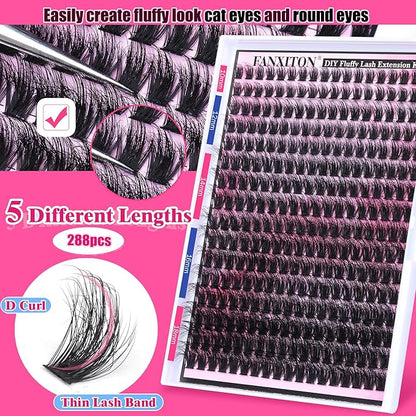 FANXITON DIY Lash Extension Kit Full Lash Clusters 288 pcs Thick Lash Clusters Kit D 10-18 mm Cluster Eyelash Extension Kit with Lash Bond and Seal Lash Tweezers Individual Lashes For Beginners
