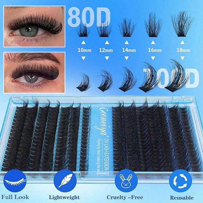 Geeneiya Thick Lashes Extension Kit DIY Lash Clusters Kit Full Eyelash Extension Kit with Lash Bond and Seal Lash Glue, Lash Applicator for Beginners (80D+100D,10-18MM, 280Pcs)