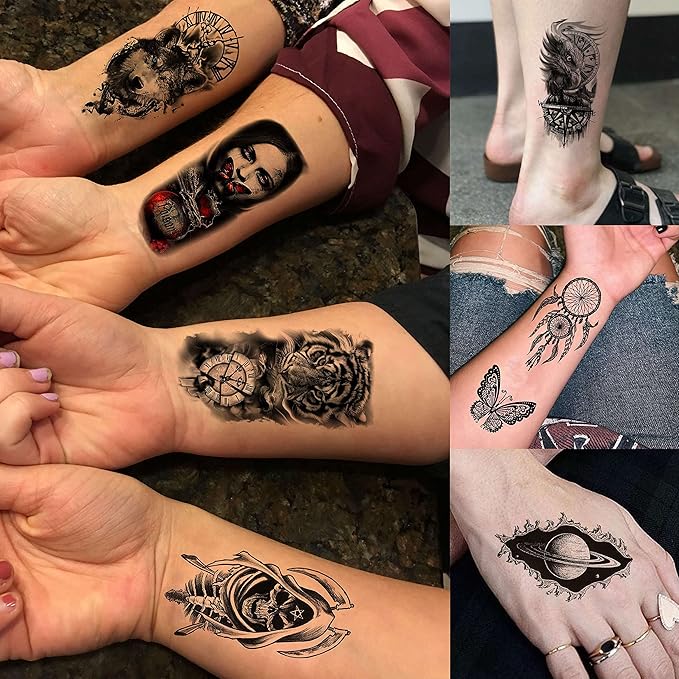 69 Sheets Realistic Peony Rose Flower Temporary Tattoos For Women Girls Arm Thigh, Owl Tiger Floral Waterproof Long Lasting Temp Fake Tattoos For Women, Small Black Tattoo Stickers Kids Finger