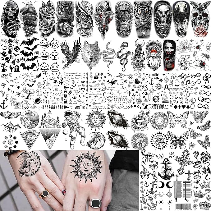 63 Sheets Halloween Black Wolf Tiger Lion Temporary Tattoos For Women Men Arm Sleeve, Scary Skull Skeleton Fake Tattoo Stickers Adults, 3D Long Lasting Tattoos Temporary Tribal Owl Flower Legs