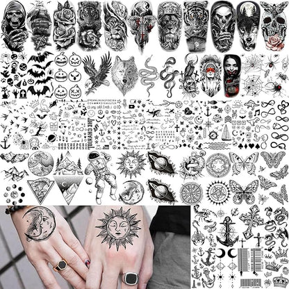 63 Sheets Halloween Black Wolf Tiger Lion Temporary Tattoos For Women Men Arm Sleeve, Scary Skull Skeleton Fake Tattoo Stickers Adults, 3D Long Lasting Tattoos Temporary Tribal Owl Flower Legs