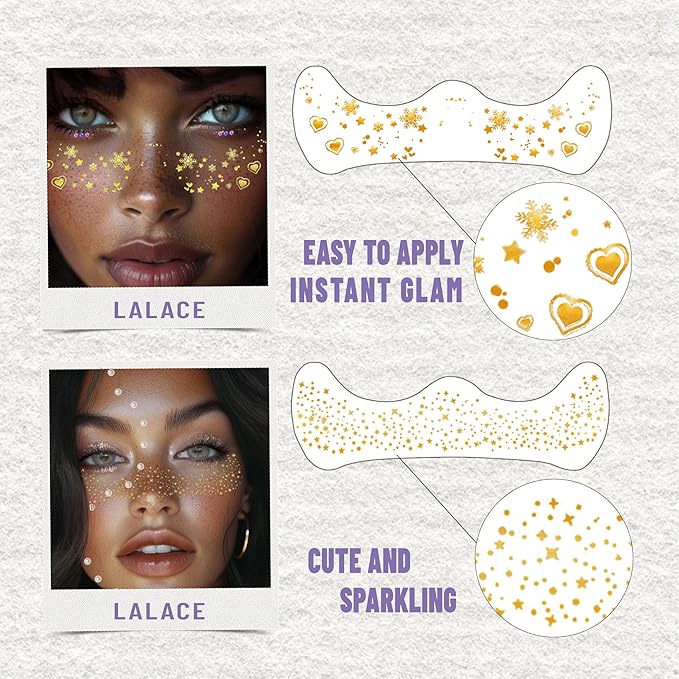 Glitter Freckles Face Tattoo - Gold Face Glitter Makeup Speckles - Face Glitter Speckles Patches - Waterproof Sparkle Freckles for Women - Face Gems and Pearls for Makeup - 12 Count (Gold)