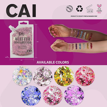 Hair Glitter Gel Body Glitter & Face Glitter for Women/Kids(2 Pk Red/Red) Chunky Iridescent Holograph Stars & Moon Cosmetic Grade Makeup Apply Without Glue Easy to Take Off & Keep Skin Clean