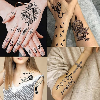 66 Sheets 3D Small Black Temporary Tattoos For Women Men Waterproof Fake Tattoo Stickers For Face Neck Arm Children Flower Birds Star Realistic Tatoo Kits For Boy Girls Adults