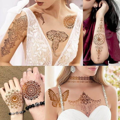 9 Sheets 95+ Patterns Flash Gold Temporary Tattoos For Women, Vintage Indian Tribal Bohemia Lotus Mandala Flower Fake Jewels Tattoo Sleeve For Adults, Glitter Golden Metallic Tatoo Sticker