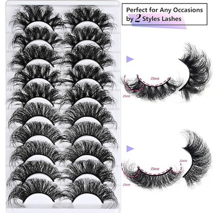 25 mm Lashes Long Dramatic Lashes Wispy D Curl 25mm Lashes Full Volume False Strip Lashes Thick Fluffy Long Fake Mink Eyelashes（2 Styles）