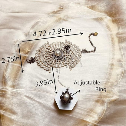 Gothic Pearl Lace Steampunk Wristband Vintage Pearl Pendant Tassel Lace Hand Chain with Finger Ring Lolita Lace Hand Accessories for Women and Girls (Style 1)