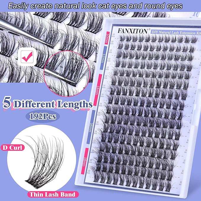 FANXITON Natural Lash Extension Kit D Lash Clusters 288 pcs 10-18 mm Mix DIY Eyelash Extension Kit with Lash Bond and Seal Lash Tweezers Individual Lashes For Beginners