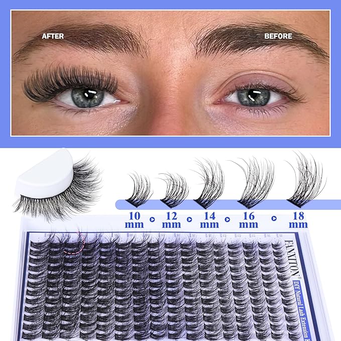 FANXITON Natural Lash Extension Kit D Lash Clusters 288 pcs 10-18 mm Mix DIY Eyelash Extension Kit with Lash Bond and Seal Lash Tweezers Individual Lashes For Beginners