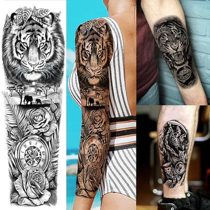 20 Sheets Large Tiger Full Arm Temporary Tattoos For Women, 8 Sheets Full Sleeve Tattoos For Men Tiger Lion Eagle Owl Compass Flower, 12 Sheets Half Arm Tattoo Sleeve For Adults Ship Skull