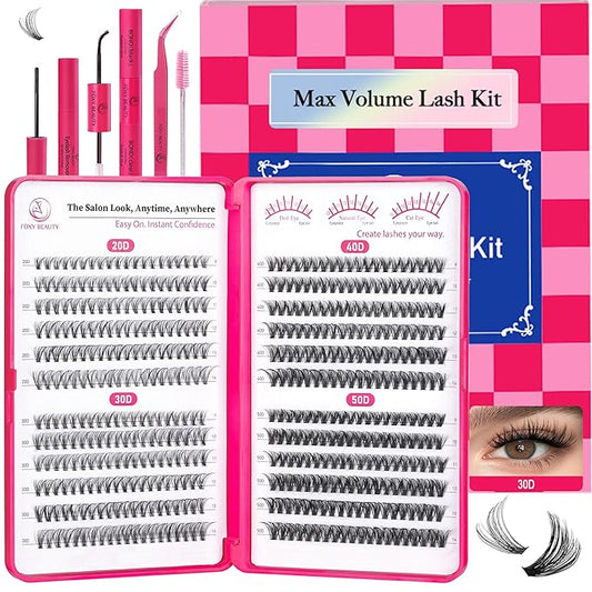 FOXY BEAUTY Lash Extension Kit-Lash Clusters Kit D Curl Cluster Eyelash Extension Kit with Mascara Brush Bond and Seal Glue Remover Lash Applicators for DIY At Home