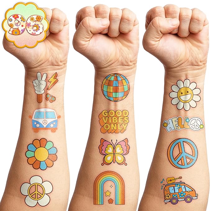 96PCS Groovy 70s Pre-Cut Temporary Tattoos - Retro Flower Power, Good Vibes Party Decorations & Favors | Cute Tattoos Stickers Gift for Kids, Boys & Girls, Baby Shower & Prize Supplies