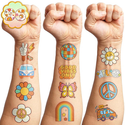 96PCS Groovy 70s Pre-Cut Temporary Tattoos - Retro Flower Power, Good Vibes Party Decorations & Favors | Cute Tattoos Stickers Gift for Kids, Boys & Girls, Baby Shower & Prize Supplies