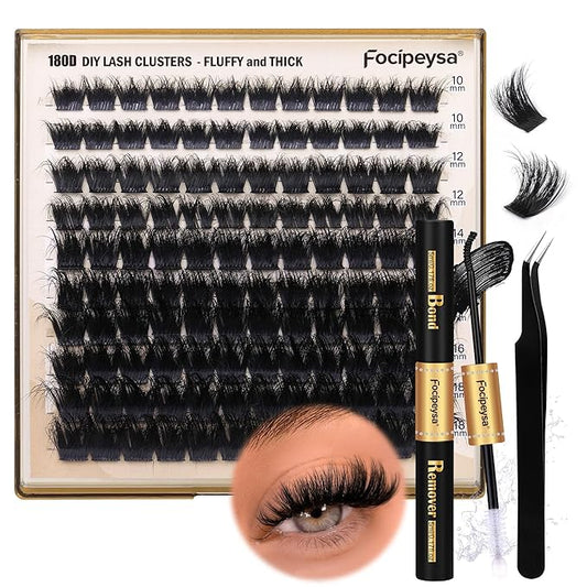 Eyelash Extension Kit Thick Lash Clusters Kit 10-18mm Volume Clusters Lashes 180D Individual Eyelashes Kit with Lash Bond, Lash Remover, Lash Applicator DIY Lash Extension by Focipeysa