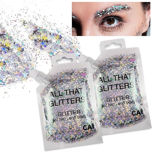 Hair Glitter Gel Body Glitter & Face Glitter for Women/Kids (2 Pk Silver/Silver) Chunky Iridescent Holograph Stars & Moon 6 oz | Cosmetic-Grade Makeup Apply Without Glue Easy to Take Off & Clean