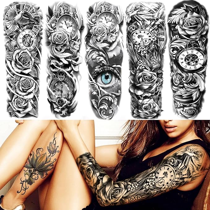 20 Sheets Full Arm Sleeve Temporary Tattoos For Women Girls Thigh, Rose Flower Tribal Eye Compass Clock Fake Tattoo Sleeve For Adults, Long Lasting Peony Florals Peace Dove Black Tattoo Stickers