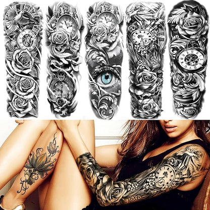 20 Sheets Full Arm Sleeve Temporary Tattoos For Women Girls Thigh, Rose Flower Tribal Eye Compass Clock Fake Tattoo Sleeve For Adults, Long Lasting Peony Florals Peace Dove Black Tattoo Stickers