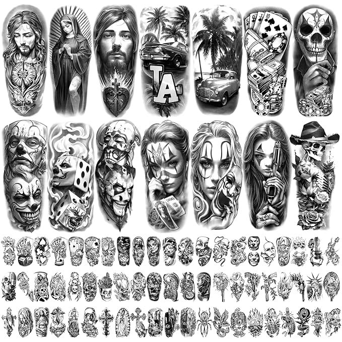 Chicano Temporary Tattoos Adult, Large Fake Tattoos Chicano Guadalupe Gangster Prisoner Day of the Dead, Lowrider Style Culture Mexico Clown Tattoo Stickers for Men Women, 77 Sheets